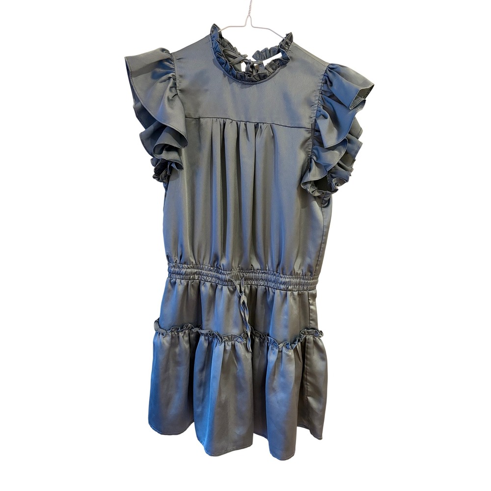 Pants Store Blue Satin Ruffle Mini Dress Sleeveless Tiered Skirt Medium